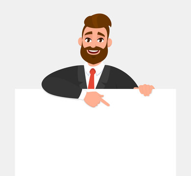 Young trendy businessman showing blank white poster and pointing finger. Happy hipster person holding empty banner. Male presenting signboard or billboard. Cartoon illustration in vector style.