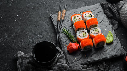 Japanese sushi rolls with crab. Sushi menu for the restaurant. Top view. © Yaruniv-Studio