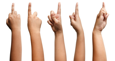 Group of Boy Asian hand gestures isolated over the white background. Pointing Visual Touch Action.