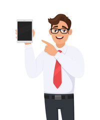 Happy businessman showing new tablet computer and pointing finger. Person holding digital tab. Male character illustration. Modern technology, lifestyle concept in vector cartoon style.
