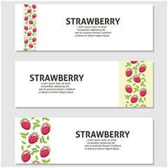 Strawberry fruit flat illustration with leaves vector banner background set of 3. Scalable and editable. Vector design for banner, background, card, landing page, brochure, flyer, cover