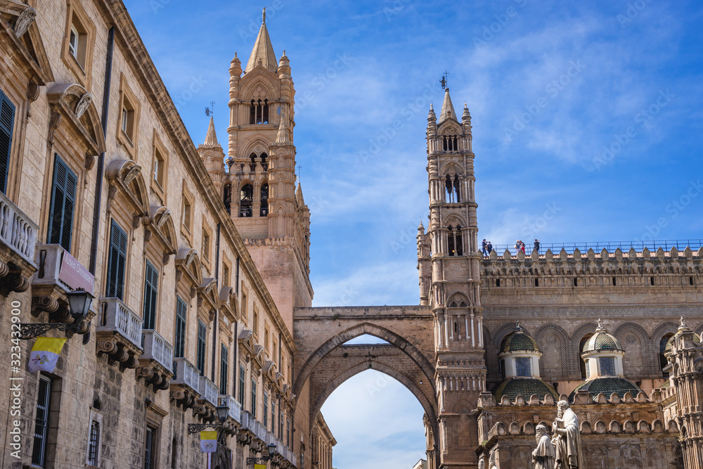 Poster Tower of Palermo Cathedral and building of Diocesan museum in Palermo city, Italy