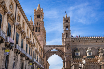 Fototapeta na wymiar Tower of Palermo Cathedral and building of Diocesan museum in Palermo city, Italy
