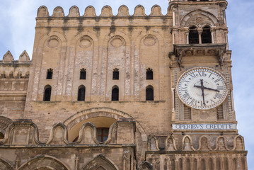 Clock on one of the towers of Palermo Cathedral in Palermo city, Italy
