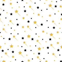 Seamless pattern of small black and gold stars and circles
