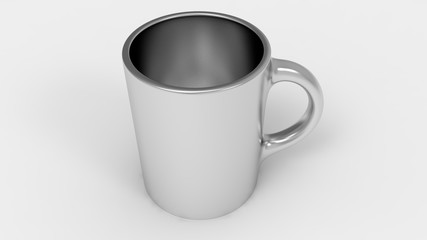 3d rendering, 3d illustration. Metal mug for tea or coffee on a light gray background.