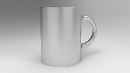 3d rendering, 3d illustration. Metal mug for tea or coffee on a light gray background.