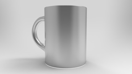 3d rendering, 3d illustration. Metal mug for tea or coffee on a light gray background.