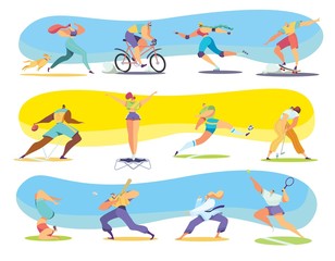 Different kinds of sport, people cartoon characters, vector illustration. Active men and women running, cycling, skating and playing sport games. Professional players in basketball, golf and tennis