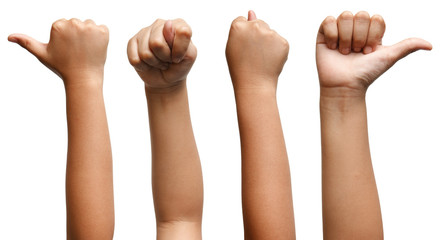 Group of Boy Asian hand gestures isolated over the white background. Thump up.