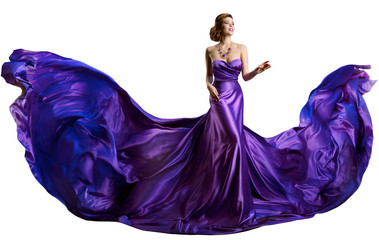 Woman Purple Dress Flying on Wind, Beautiful Fashion Model in Fluttering Gown over white background