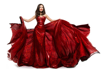 Beautiful Woman in Red Dress, Elegant Lady in Fluttering Sparkling Gown on white background © inarik