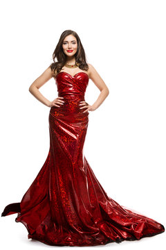 Beautiful Woman in Red Dress, Elegant Lady in Fluttering Sparkling Gown on white background