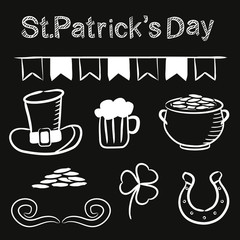 Hand-drawn elements for St. Patrick's Day in chalky style. White Leprechaun hat, pot of gold, horseshoe, clover, treasures, beer and flags on blackboard. Vector llustration for cards and posters