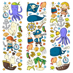 Fototapeta premium Pirates and mermaids. Vector pattern for little children. Birthday party in sea and ocean style