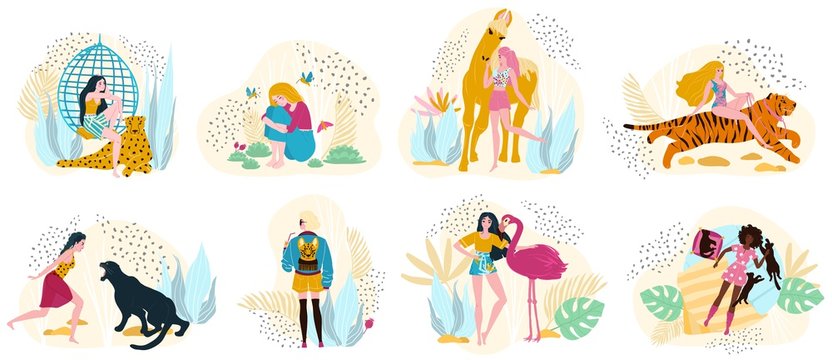 Women models in fashion clothes with wild animals, vector illustration. Concept set of stickers, woman fashion and nature, boutique design collection. Girls with animals, emotions and mood expression