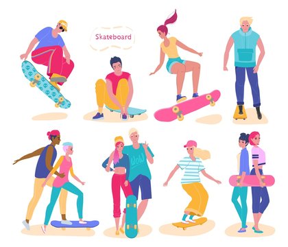 Teenagers riding skateboard, set of isolated cartoon characters, vector illustration. Young people extreme sport activity, guys and girls with skateboard in different poses. Teenagers active lifestyle