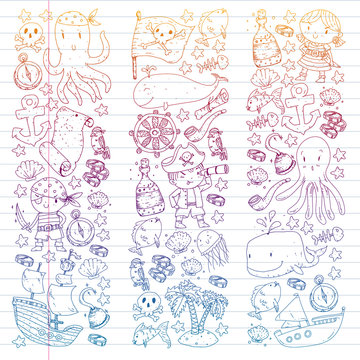 Pirates and mermaids. Vector pattern for little children. Birthday party in sea and ocean style