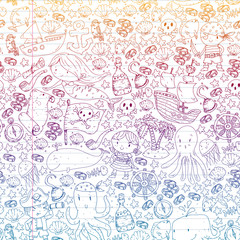 Pirates and mermaids. Vector pattern for little children. Birthday party in sea and ocean style