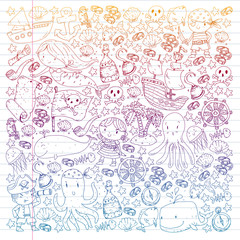 Fototapeta premium Pirates and mermaids. Vector pattern for little children. Birthday party in sea and ocean style