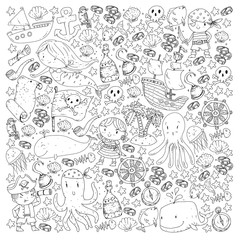 Pirates and mermaids. Vector pattern for little children. Birthday party in sea and ocean style
