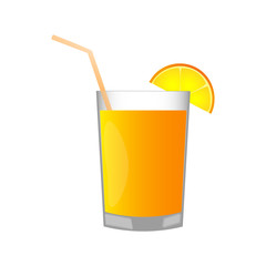 Tasty juice with a piece of orange in a glass cup on a light blue background