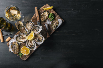Fresh oysters with lemon ice and white wine. © Mykhailovskyi