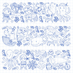 Pirates and mermaids. Vector pattern for little children. Birthday party in sea and ocean style