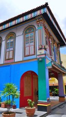 Colorful House in little India with Skyscraper in the back, Singapore