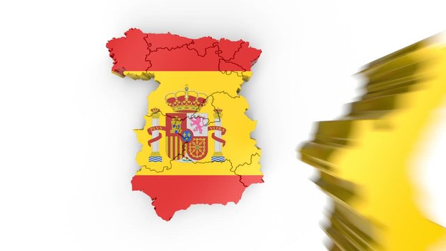 Map of Spain with flag, top view. Formed by individual states falling from top to bottom on white background. Animation with alpha channel