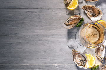 Fresh oysters with lemon ice and white wine.