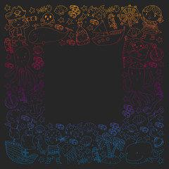 Pirates and mermaids. Vector pattern for little children. Birthday party in sea and ocean style