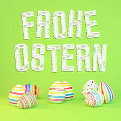 3d Illustation - Frohe Ostern - 8 farbenfrohe, bemalte Ostereier auf grünen Hintergrund - Text - Oster