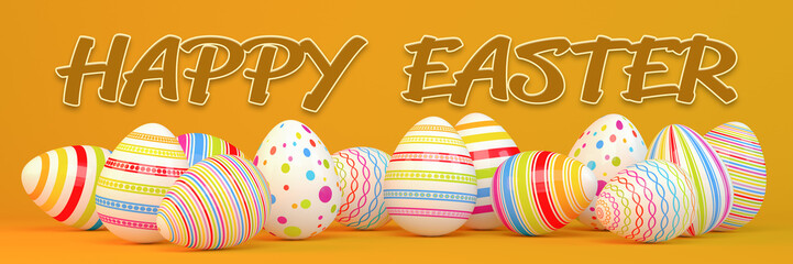 3d render - colorful easter eggs on an orange background