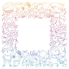 Perfomance, theatre with little children. Kindergarten kids in fairy tale scenes. Young actors perfoming Red Riding Hood and Shakespeare Hamlet. Robin hood costume.