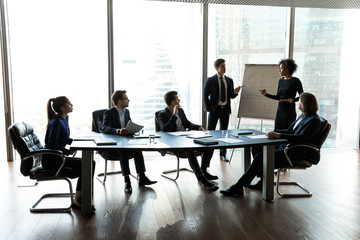 African american businesswoman and businessman flip charts presentation new project.