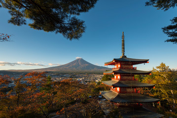 Mt.Fuji and Chureito pagoda in autumn red color