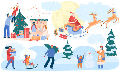 Fototapeta na wymiar Happy family celebrating Christmas winter, cartoon characters vector illustration. Parents and children sledding outdoors, building snowman and decorating Christmas tree together. Santa brings