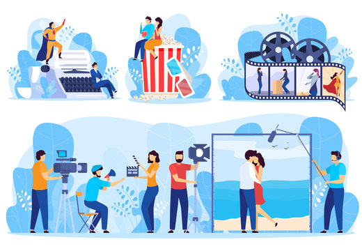 Movie production process from screenplay writing to cinema, vector illustration. Set of stickers in modern flat style, film crew cartoon characters. Movie making industry, director and film actors