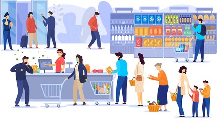 Fototapeta premium Coronavirus 2019-ncov epidemic china wuhan city epidemic disease vector illustration. Outbreak virus epidemic flu people in mask in city shop market moll. Panic on street. Airport door police.