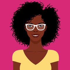 African American beautiful smiling woman with Afro hairstyle, vector flat illustration.