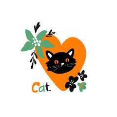 vector illustration of a black cat on an orange heart with floral ornament
