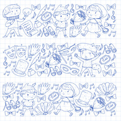 Obraz premium Perfomance, theatre with little children. Kindergarten kids in fairy tale scenes. Young actors perfoming Red Riding Hood and Shakespeare Hamlet. Robin hood costume.