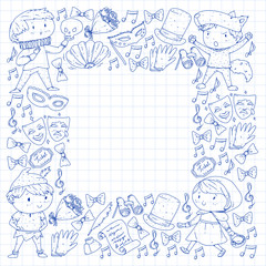 Perfomance, theatre with little children. Kindergarten kids in fairy tale scenes. Young actors perfoming Red Riding Hood and Shakespeare Hamlet. Robin hood costume.