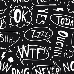 Fototapeta premium Hand drawn seamless pattern with speech bubbles for text. Vector pop art background and words. Doodle element for dialog or comic