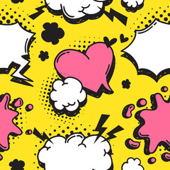 Hand drawn seamless pattern with speech bubbles for text. Vector pop art background and words. Doodle element for dialog or comic