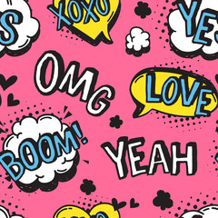 Hand drawn seamless pattern with speech bubbles for text. Vector pop art background and words. Doodle element for dialog or comic