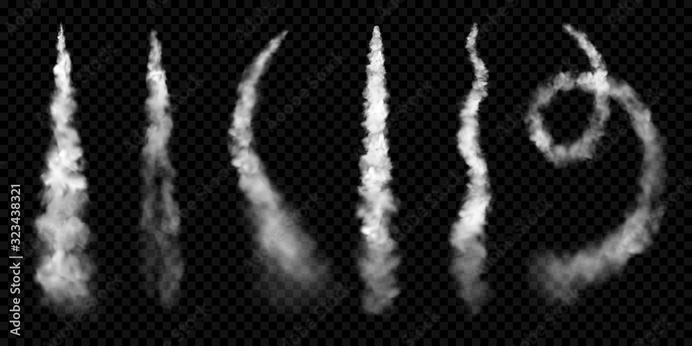 Poster white smoke trails, vector realistic set of stem jet clouds of plane contrail or spaceship launch. a