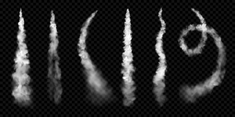 White smoke trails, vector realistic set of stem jet clouds of plane contrail or spaceship launch. Airplane track smoke trails in curve and spiral shape, smoky flow texture on transparent background