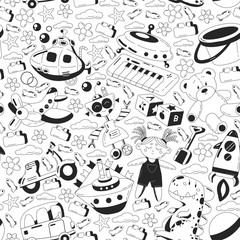 Obraz premium Vector set with toys icons. Pattern for kindergarten, little children. Kids playing.